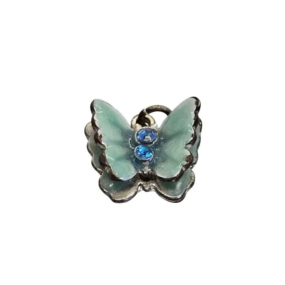 Vintage Light Green Enamel Butterfly Pendant Charm Blue Rhinestone Accent 0.5 in